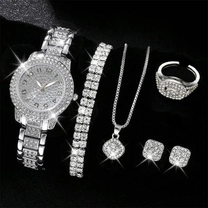 6PCS Women's Luxury Crystal Quartz Watch & Jewelry Set – Elegant Alloy Wristwatch Gift