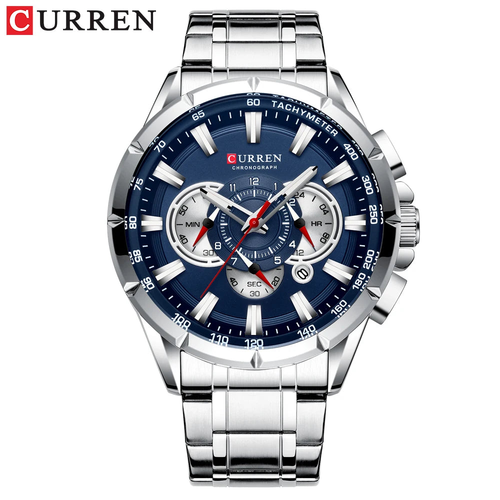 CURREN Casual Sport Chronograph Men's Watch – Stainless Steel Big Dial Quartz Wristwatch with Luminous Pointers
