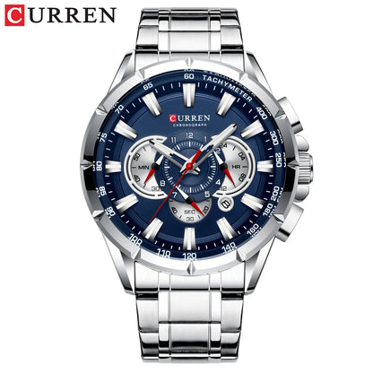 CURREN Casual Sport Chronograph Men's Watch – Stainless Steel Big Dial Quartz Wristwatch with Luminous Pointers