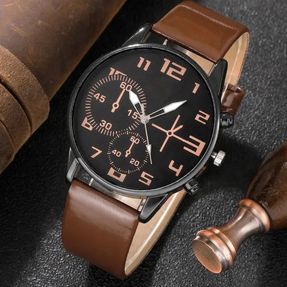 5PCS Men's Retro Sports Watch Set – Big Dial Quartz Wristwatch with Leather Strap & Bracelets