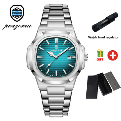 Paazomu 2024 Luxury Men's Square Quartz Watch – Waterproof Business Timepiece with Luminous Display