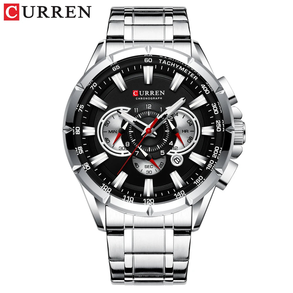 CURREN Casual Sport Chronograph Men's Watch – Stainless Steel Big Dial Quartz Wristwatch with Luminous Pointers
