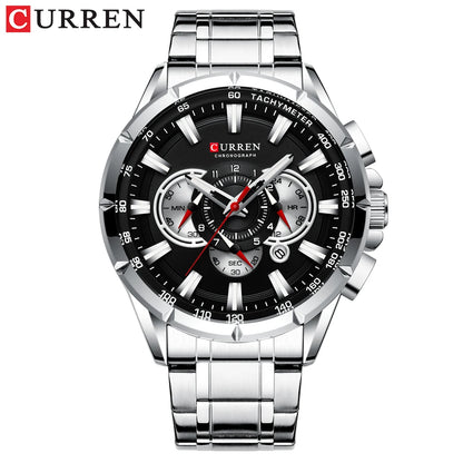 CURREN Casual Sport Chronograph Men's Watch – Stainless Steel Big Dial Quartz Wristwatch with Luminous Pointers