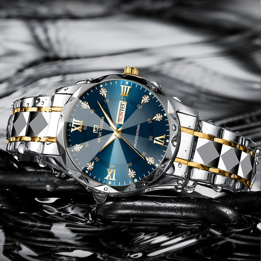 Men's Luxury Water Diamond Night Glow Watch – Double Calendar Quartz Stainless Steel Business Watch