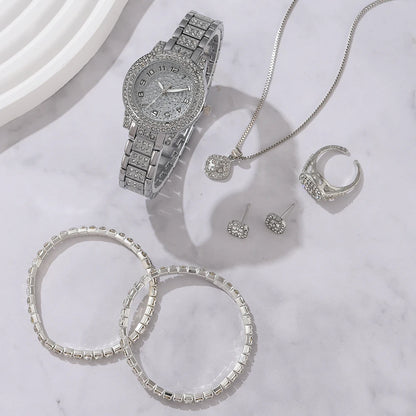 6PCS Women's Luxury Crystal Quartz Watch & Jewelry Set – Elegant Alloy Wristwatch Gift