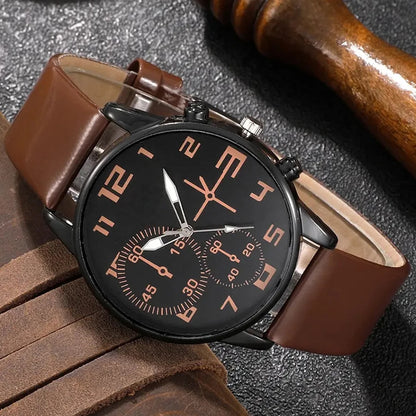 5PCS Men's Retro Sports Watch Set – Big Dial Quartz Wristwatch with Leather Strap & Bracelets