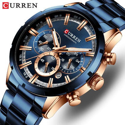 CURREN Luxury Sports Quartz Men's Watch – Full Steel Waterproof Chronograph Wristwatch with Luminous Hands
