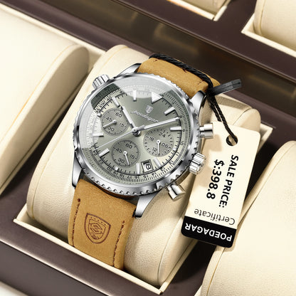 POEDAGAR Luxury Men's Quartz Chronograph Watch – Waterproof Luminous Date Leather Sports Watch