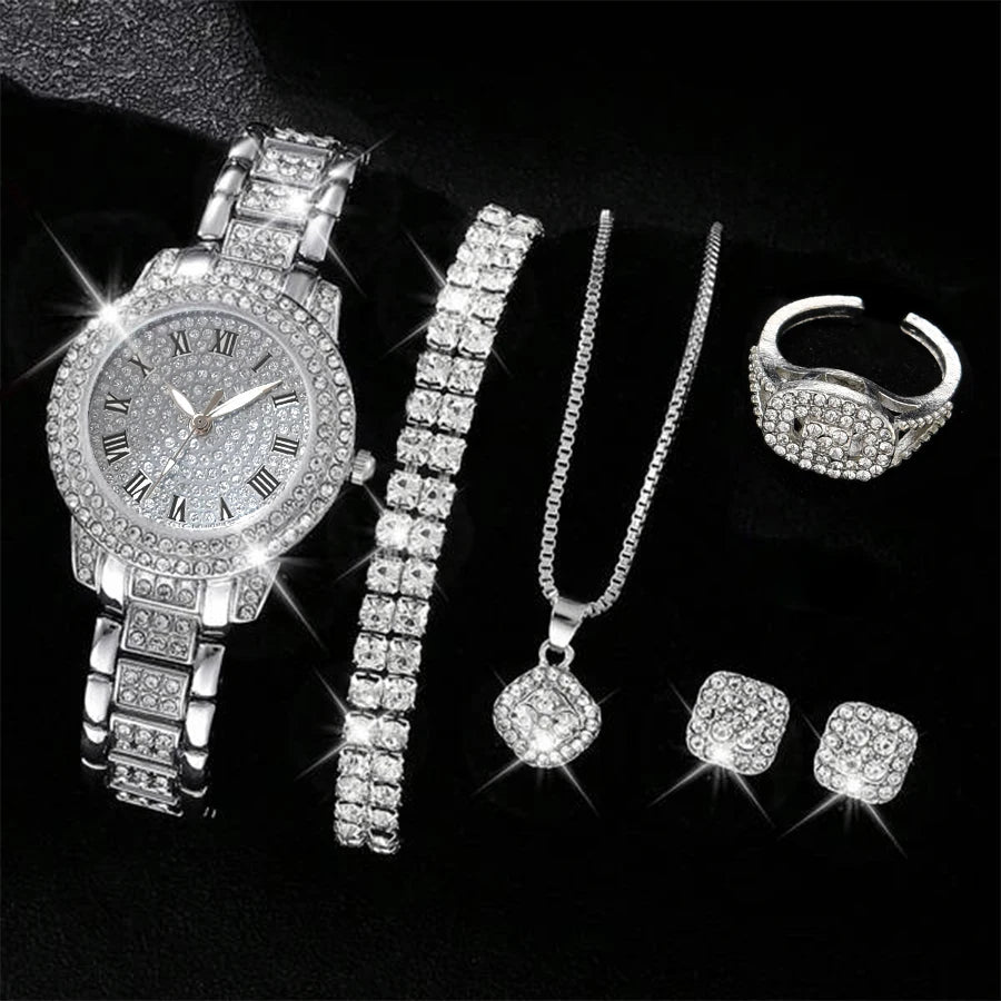 6PCS Women's Luxury Crystal Quartz Watch & Jewelry Set – Elegant Alloy Wristwatch Gift