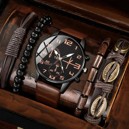 5PCS Men's Retro Sports Watch Set – Big Dial Quartz Wristwatch with Leather Strap & Bracelets